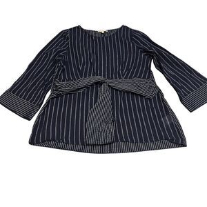 Gibson Latimer Women's 1X Navy White Striped Wrap Blouse‎ Long Sleeve